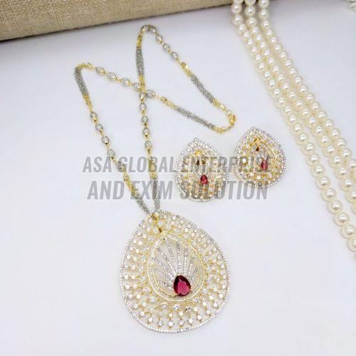 Ladies Brass Golden And Silver Pink Stone Designer Pendant Set