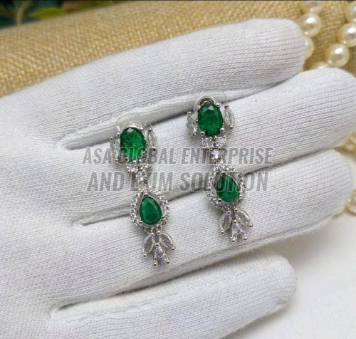 Ladies Brass Green Stone Earring