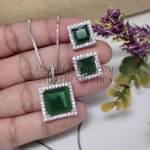 Ladies Brass Party Wear  Green Stone Pendant Set