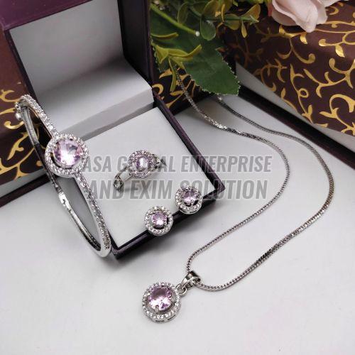 Ladies Brass Pink Stone Pendant Combo Set