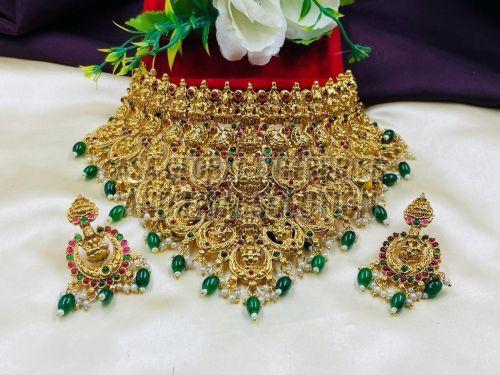 Ladies Green And Golden Brass Choker Necklace Set