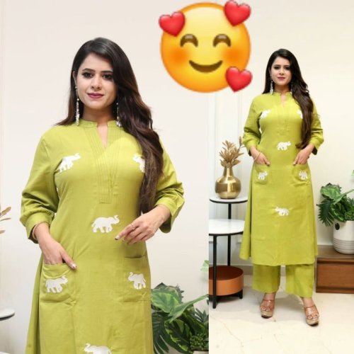 Ladies Elephant Embroidery Cotton Kurti With Pants Set