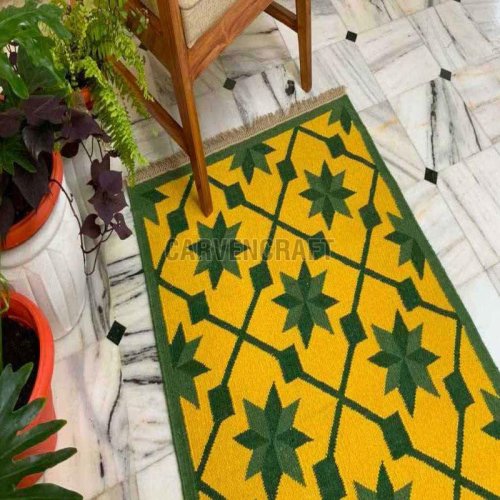 A 28 Green &AMP; Yellow  Flat Weave Cotton Durries