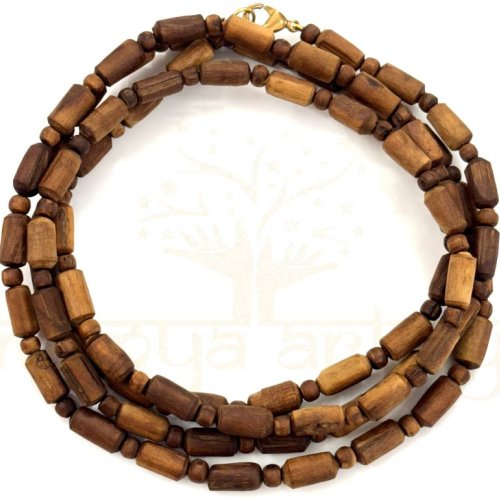Handmade, Natural Tiny 4mm Round &AMP; Tube Shaped Original Tulsi Wood Hand-Carved Smooth Beads Three Line Kanthi Mala/necklace