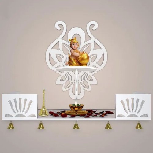 Krishna White Wooden Shelf Temple