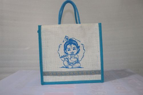 Off White Krishna Print Handcrafted Jute Carry Bag