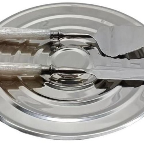 Elegant White Mother OF Pearl Metal Cake Knife Server Set with Stand