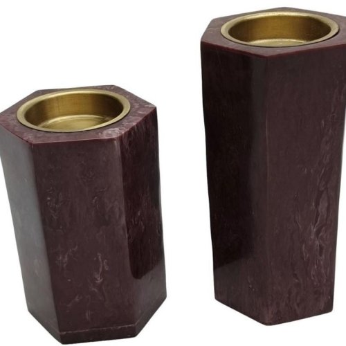 Modern Brown Marbled Resin Gold Metal Hexagonal Candle Holder Set