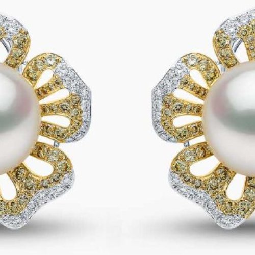 Sunrise Pearl &AMP;AMP; Diamond Floral Stud Earrings in 18K White Gold