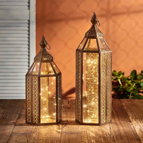 Moroccan Style Golden Lantern Set with LED Lights