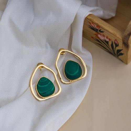 Malachite Stone Gold Plated Brass Earrings