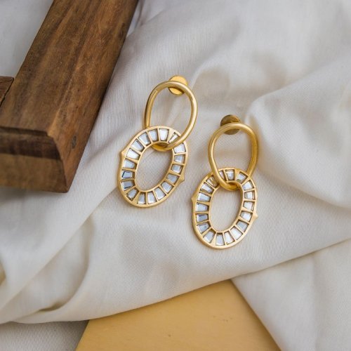 Mirror Glass Stone Gold Plated Brass Earrings