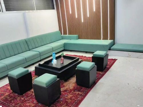L Shape Vertical Line Green Sofa Set