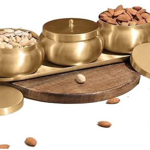 Golden Brass Dry Fruit Jar with Tray