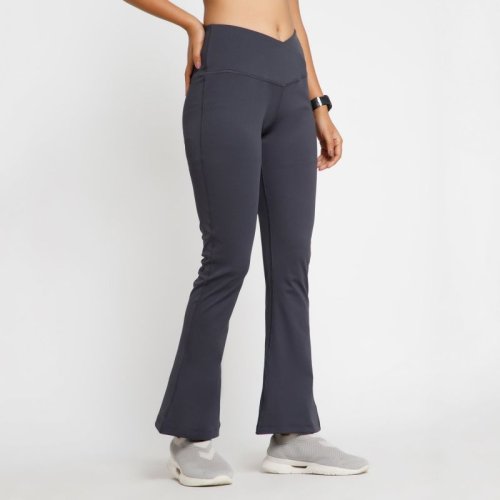 Riyu Womens Polyester Grey Fashionable High Rise Waistband Flare Pant