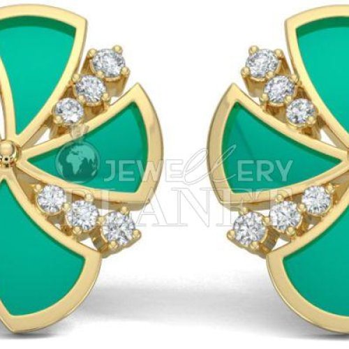 14K Gold Diamond Fan Shape Stud Earings