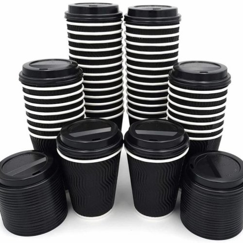 8oz Black Ripple Wall Paper Cups with Lids