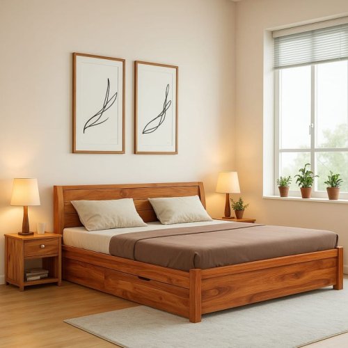 Glossy Finish Wooden Double Bed