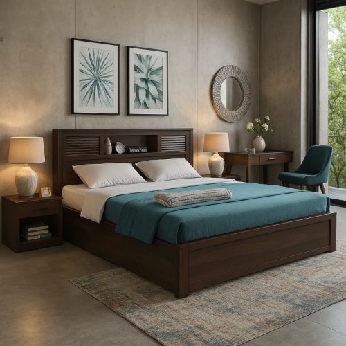 Walnut Finish Queen Size Wooden Bed