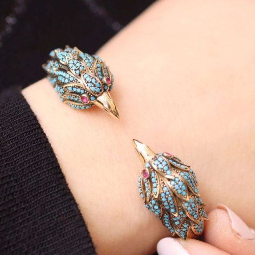 925 Silver Animal Birth Cuff Bracelet with Turquoise Gemstones &AMP;AMP; Ruby Eyes