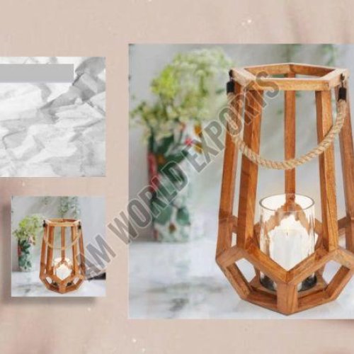 Geometric Wooden Lantern with Rope Handle
