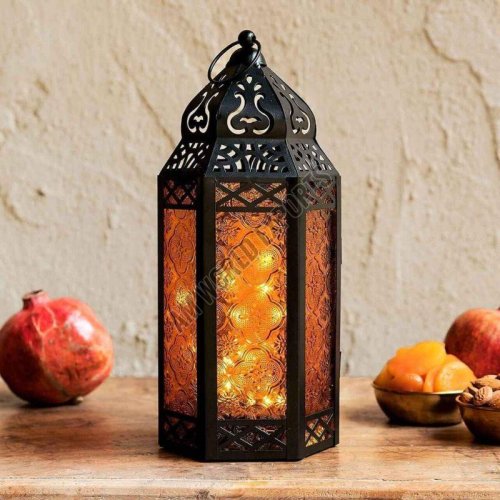 Ornate Iron Lantern with Amber Glass