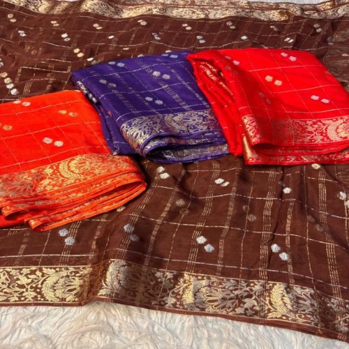 Chex Weaving Pure Viscose Chinnon Saree