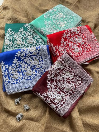 Party Wear Designer Organza Silk Saree With Embroidery Sequence Work