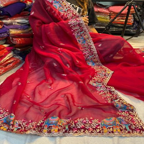 Pure Soft Crunchy Crush Multi Thread Embroidery Saree