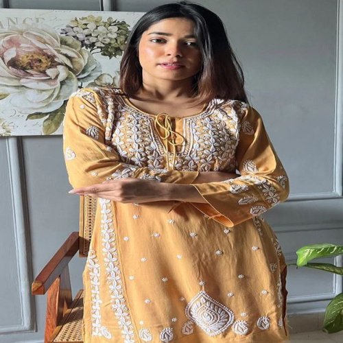 Rayon Knee Long Comfort Women\'S Embroider Round Neck Kurta Palazzo