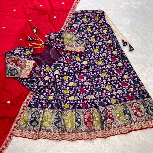 Wedding Wear Silk Cutwork Tissue Lehenga Choli Set