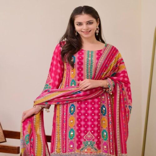Women Pink Printed Cotton Anarkali Suit Set