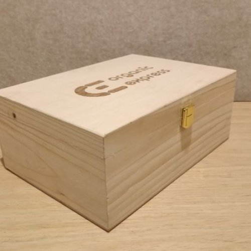 Flat Lid Wooden Box with Organic Text & Golden Latch