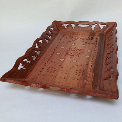 Rectangular Inlay Base Wavy Side Carved Wooden Tray