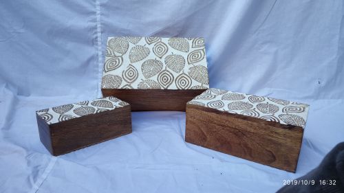 Rectangular Leaf Feather Lid Wooden Box Set OF 3 Pcs