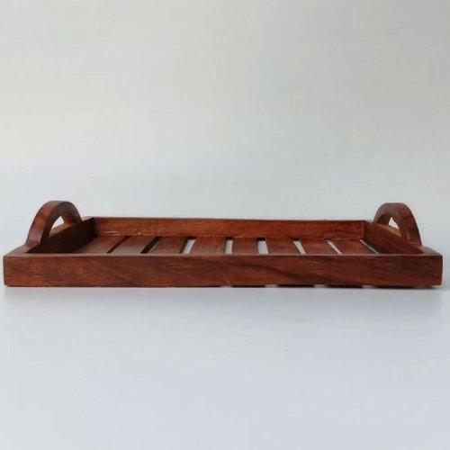 Rectangular Slatted Server Curved Handle Wooden Tray