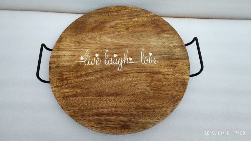Round Metal Handle Quote Wooden Serving Tray