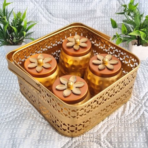 Golden Basket Set with Floral Lid Storage Jars