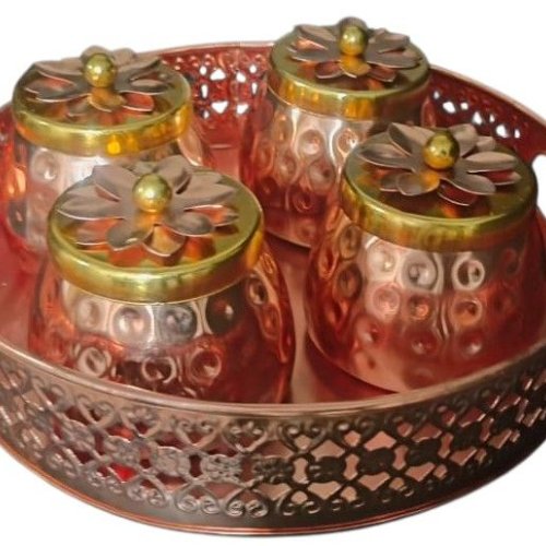 Hammered Copper-Tone Tray Set with Floral Lid Containers