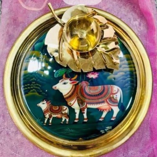 Metallic Pichwai Cow Art Decor Plate Set with Leaf Accent