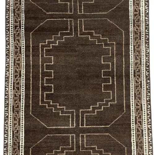 Geometric Patterned Dark Brown Hand Tufted Wool Rug with Borders