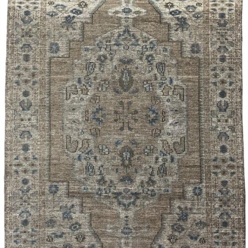 Hand Knotted Brown & Blue Distressed Medallion Area Rug