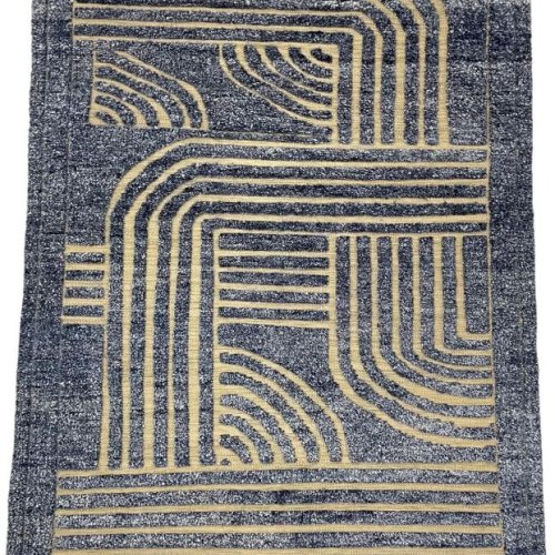 Modern Blue & Beige Abstract Geometric Plush Shag Area Rug