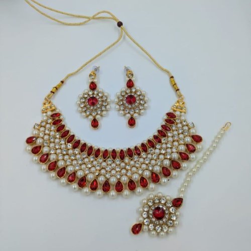 Elegant Red Kundan & Pearl Bridal Choker Set