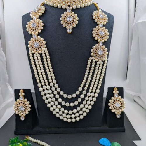 Grand Floral Kundan & Pearl Long Bridal Necklace Set
