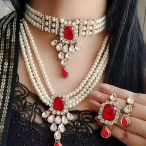 Stunning Red Kundan & Pearl Layered Choker Set