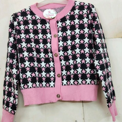 Pink with Star Print Ladies Woolen Cardigan