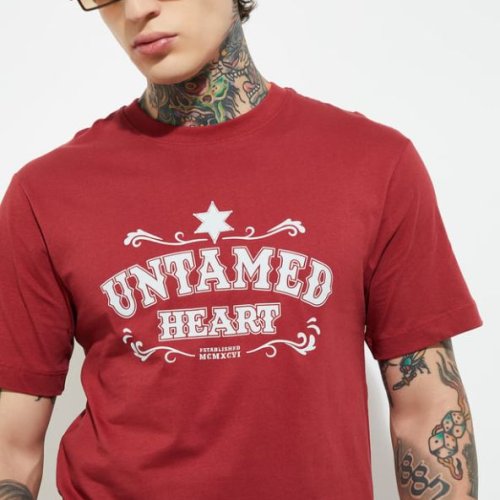 Mens Red Cotton Round Neck Printed T-Shirt