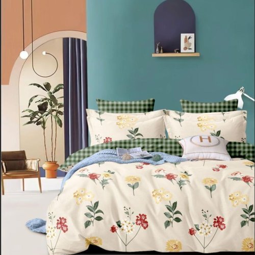 Cream Floral Green Check Teal Accent Soft Layer Comforter