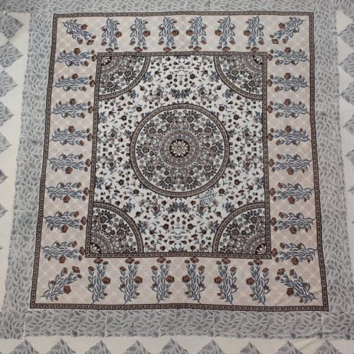 Mandala Bloom Blue &AMP; Brown Cotton Double Bed Sheet